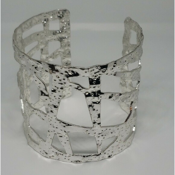 Silver Tone Cuff Bracelet Metal Geometric Cut Outs Heavy Weight Open Work - Picture 2 of 8